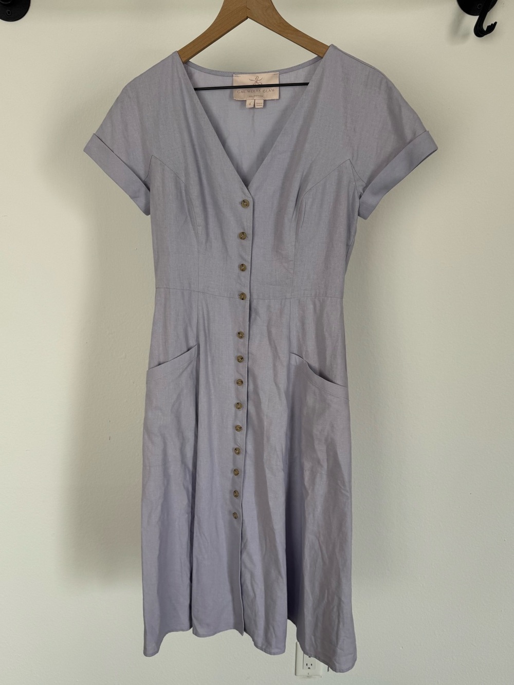 Gal Meets Glam Soft Lavender Linen Button-Front Midi Dress Size 6